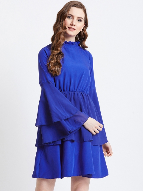 

AkaAyu Women Blue Solid Fit and Flare Dress