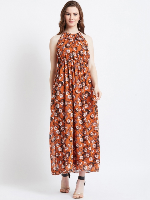 

AkaAyu Women Orange & White Printed Fit and Flare Dress
