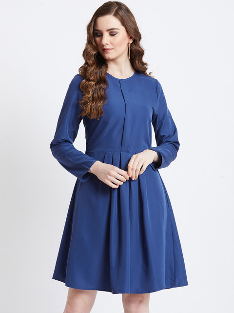 

AkaAyu Women Blue Solid Fit and Flare Dress