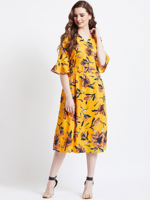 

AkaAyu Women Yellow & Orange Floral Printed Wrap Dress