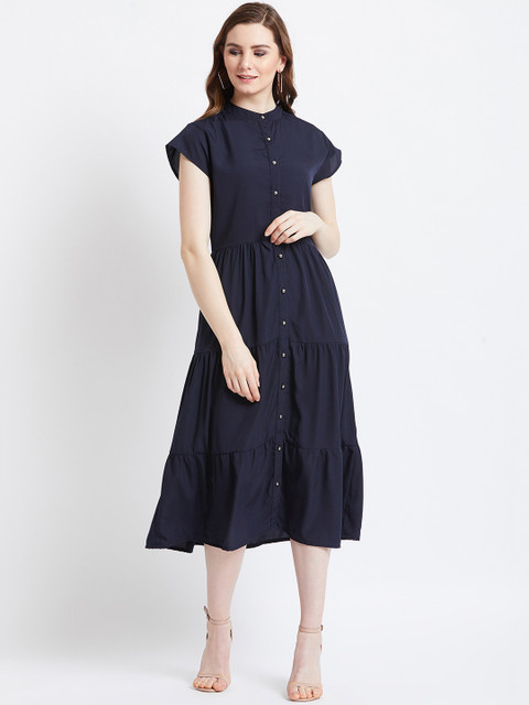 

AkaAyu Women Navy Blue Solid Shirt Dress