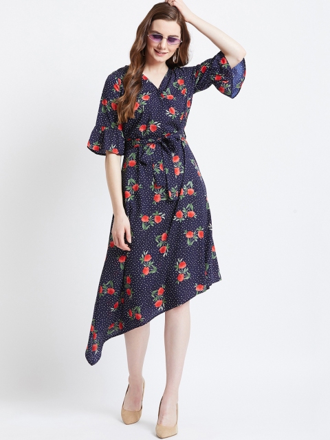 

AkaAyu Women Navy Blue & Red Floral Printed Wrap Dress