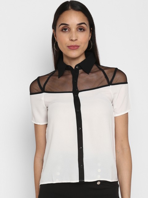 

TRENDY DIVVA Women White & Black Regular Fit Self Design Casual Shirt