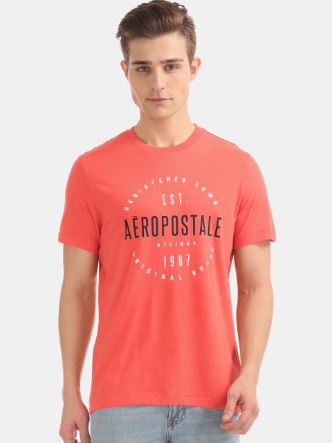 

Aeropostale Men Coral Pink & Black Printed Round Neck T-shirt