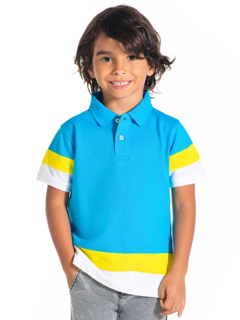 

Cherry Crumble Unisex Kids Turquoise Blue & Yellow Colourblocked Polo Collar T-shirt