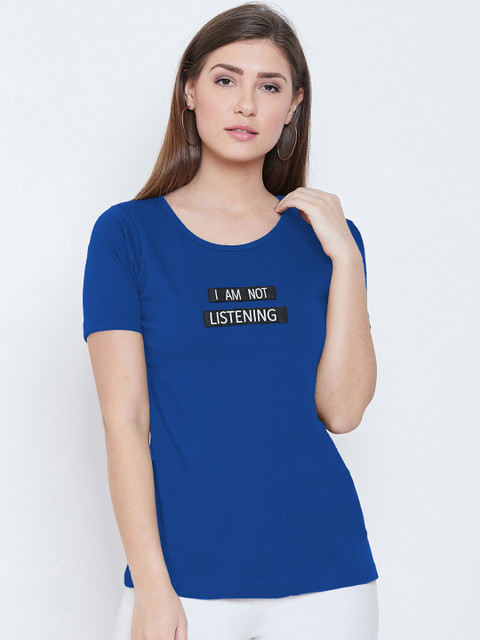 

CHROME & CORAL Women Blue & White Printed Round Neck T-shirt