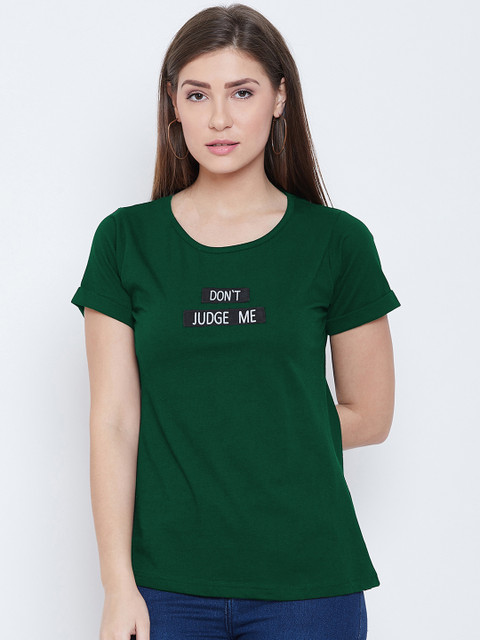 

CHROME & CORAL Women Green & White Printed Round Neck T-shirt
