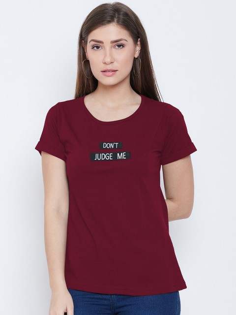 

CHROME & CORAL Women Maroon & White Printed Round Neck T-shirt