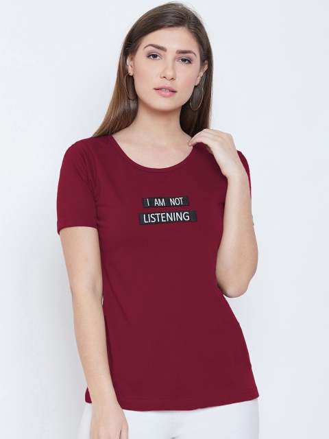 

CHROME & CORAL Women Maroon & White Printed Round Neck T-shirt