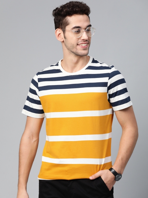 

Mast & Harbour Men Mustard Yellow & White Striped Round Neck T-shirt