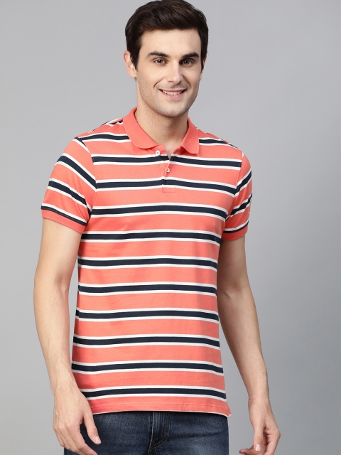 

Mast & Harbour Men Coral Orange & Navy Striped Polo Collar T-shirt