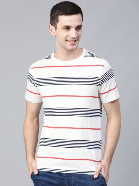 

Mast & Harbour Men Off-White & Navy Blue Striped Round Neck T-shirt