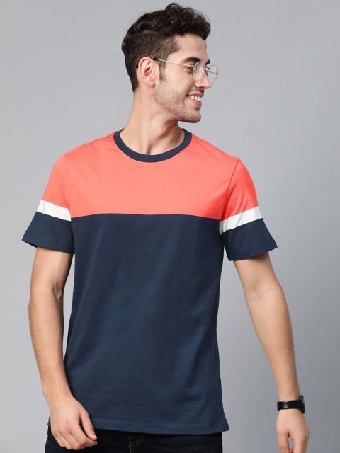 

Mast & Harbour Men Navy Blue & Coral Orange Colourblocked Round Neck T-shirt