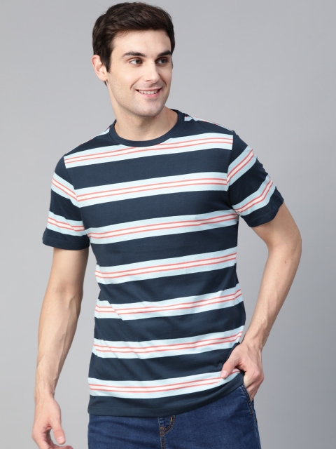 

Mast & Harbour Men Blue & Orange Striped Round Neck T-shirt