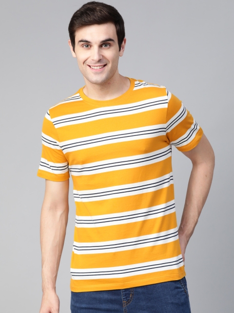 

Mast & Harbour Men Mustard Yellow & Off-White Striped Round Neck T-shirt