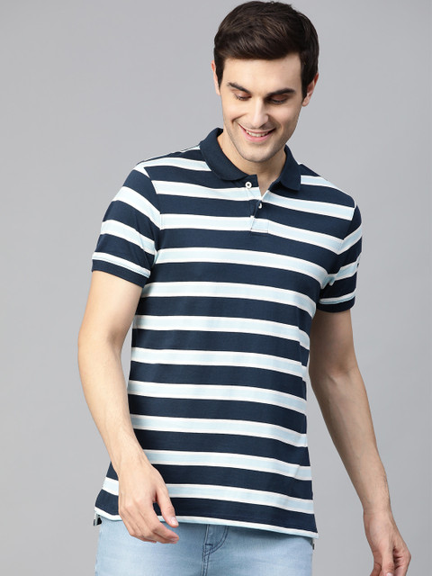 

Mast & Harbour Men Blue & White Striped Polo Collar T-shirt