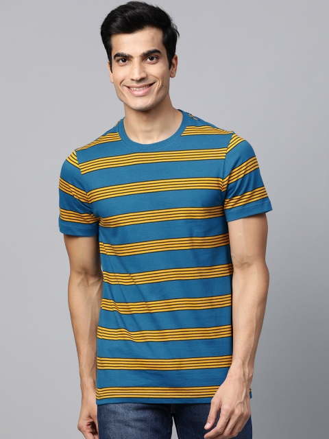 

Mast & Harbour Men Blue & Mustard Yellow Striped Round Neck T-shirt