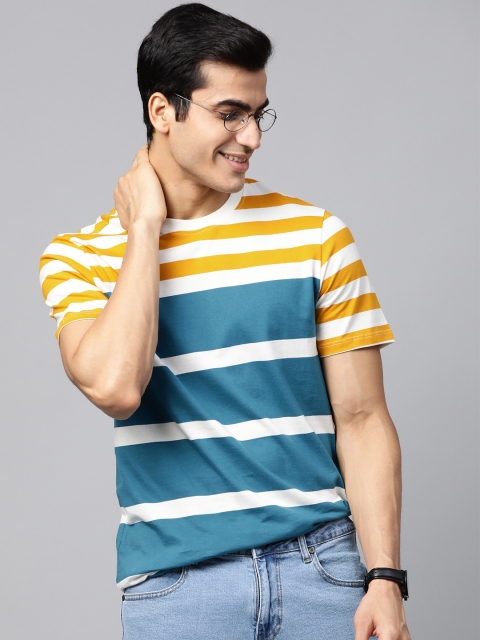 

Mast & Harbour Men Teal Blue & Yellow Striped Round Neck T-shirt