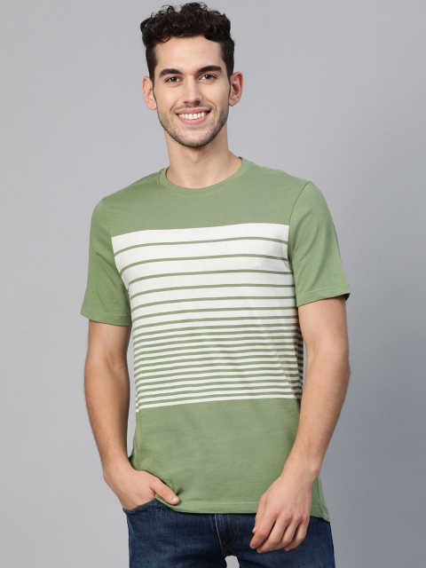 

Mast & Harbour Men Green & Off-White Striped Round Neck T-shirt