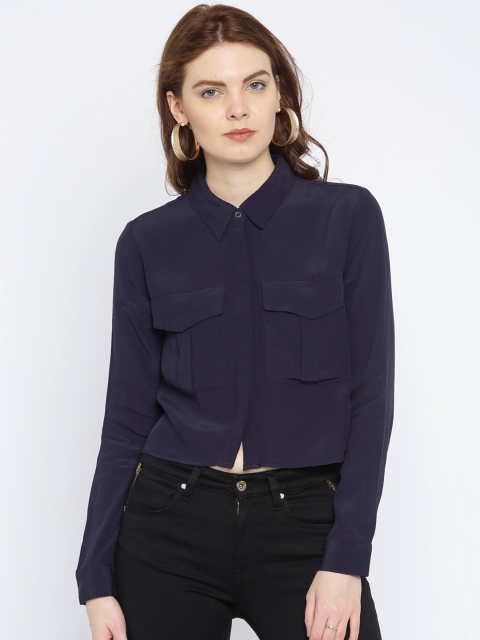 

FOREVER 21 Women Navy Solid Crop Top, Navy blue