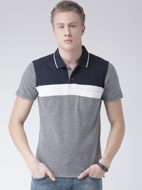 

COBB Men Navy Blue & White Striped Polo Collar T-shirt