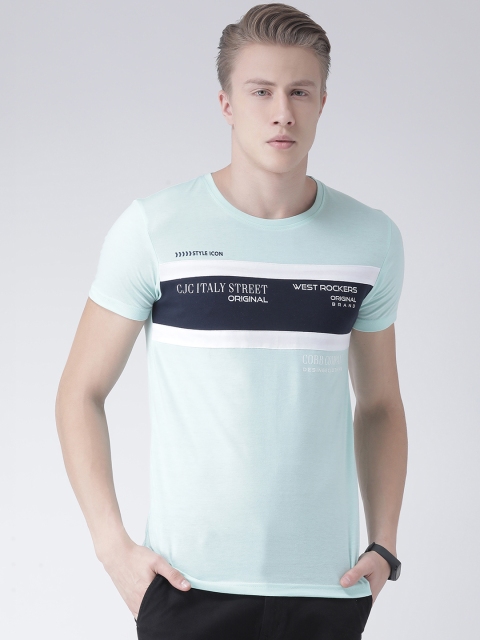 

COBB Men Turquoise Blue & Navy Blue Colourblocked Round Neck T-shirt