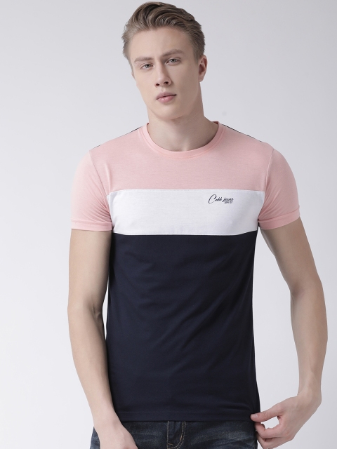 

COBB Men Peach-Coloured & Navy Blue Colourblocked Round Neck T-shirt