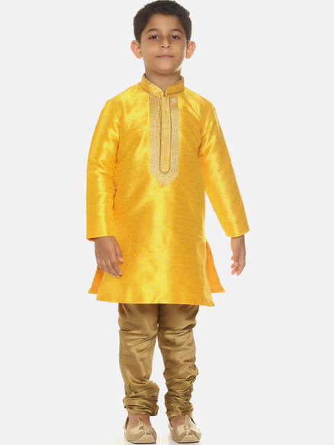

La Bele Boys Yellow & Gold Self Design Kurta With Churidar