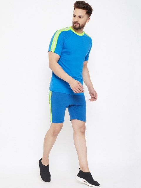 

FUGAZEE Men Blue & Fluorescent Green Solid Reflective Taped Sports Tshirt and Shorts Combo