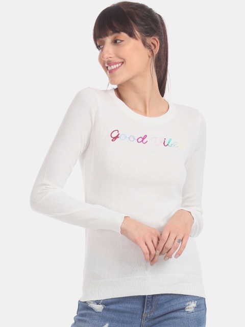 

GAP Women White Crew Neck Patterned Sweater
