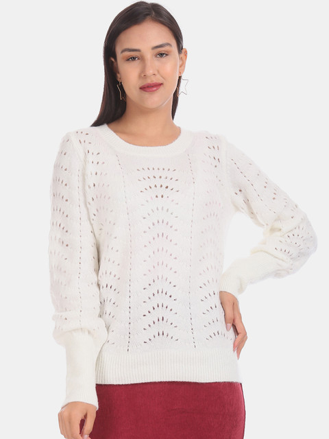 

GAP Women White Crew Neck Pointelle Sweater