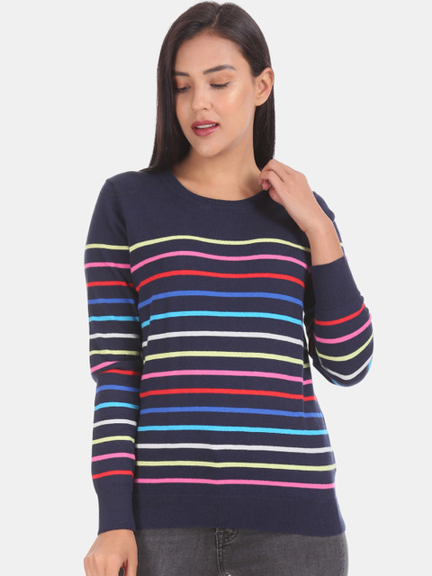 

GAP Women Blue Striped Crew Neck Sweater