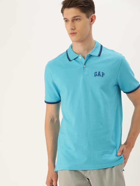 

GAP Men Blue Solid Logo Pique Polo Stretch T-shirt