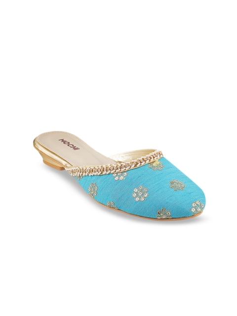 

Mochi Women Blue Woven Design Embellished Mules