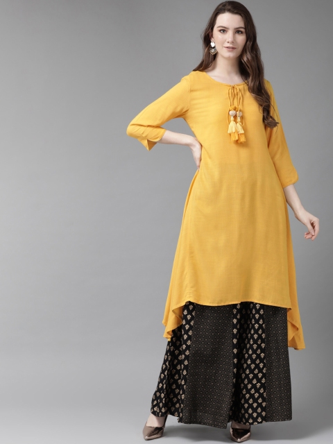 

Juniper Women Mustard Yellow & Black Solid Kurta with Palazzos