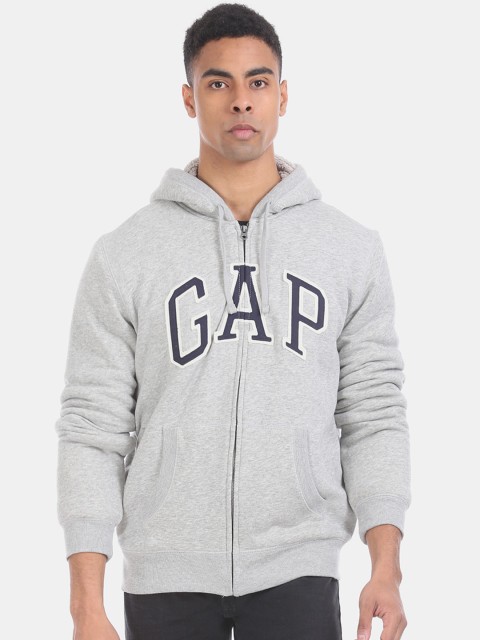 

GAP Men Grey & Navy Blue Printed Hooded Sweatshirt
