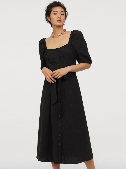 

H&M Women Black Solid Cotton Crepe Dress