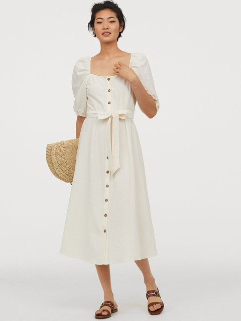 

H&M Women White Solid Cotton Crepe Dress