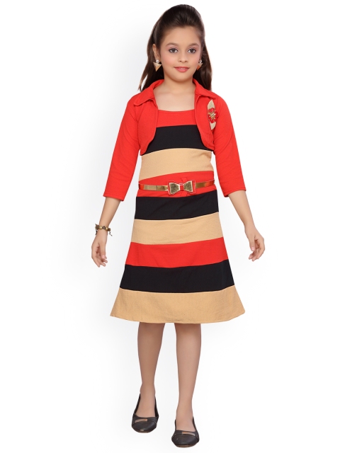 

Aarika Girls Beige & Red Striped Fit and Flare Dress
