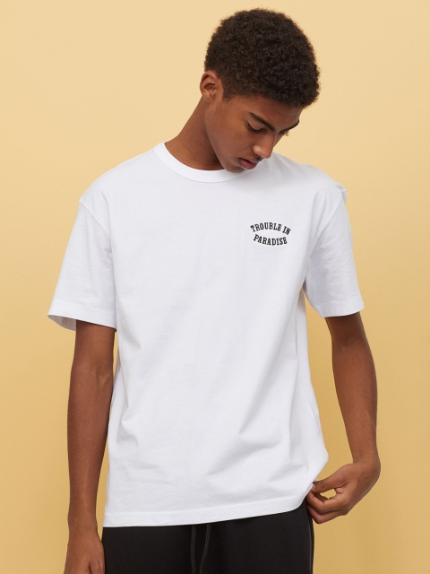 

H&M Men White Solid Cotton T-shirt