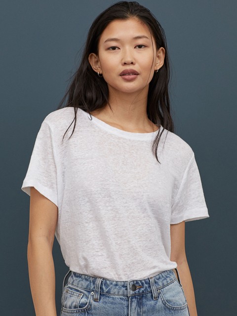 

H&M Women White Solid Linen T-shirt