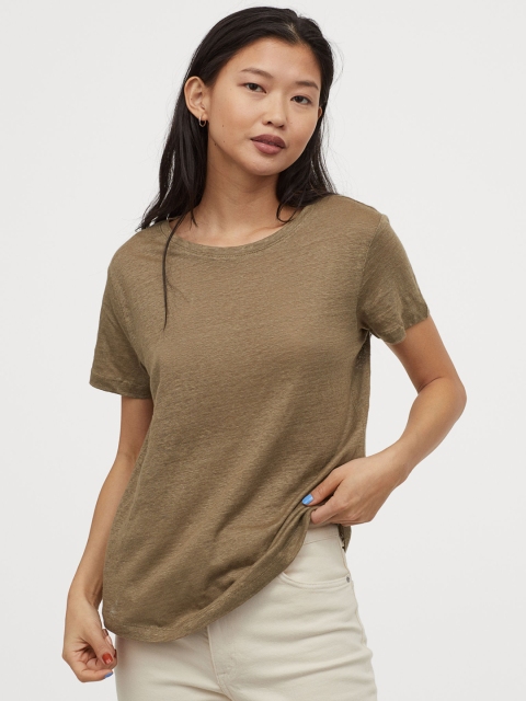 

H&M Women Green Solid Linen T-Shirt