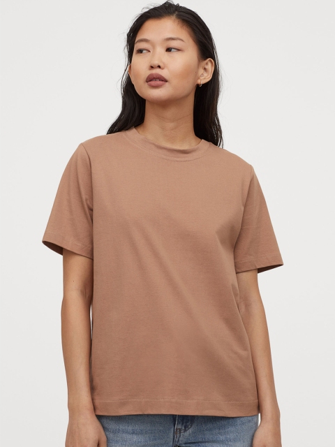 

H&M Women Beige Solid Cotton T-shirt