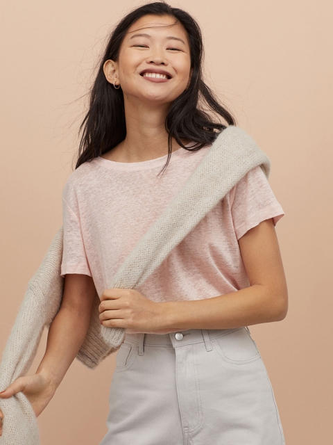 

H&M Women Pink Solid Linen T-shirt