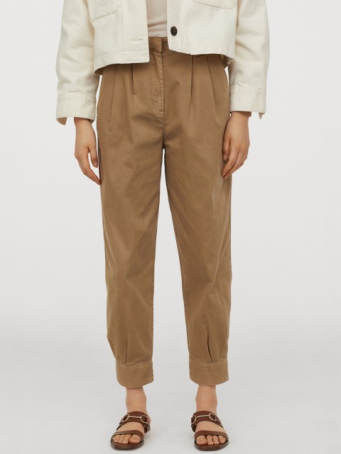 

H&M Women Beige Solid Cotton Utility Trousers