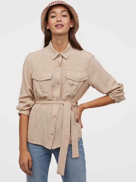 

H&M Women Beige Utility Shirt With a Tie Belt