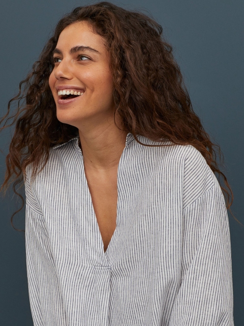 

H&M Women Blue & White Linen-Blend Blouse