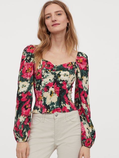 

H&M Women Green & Pink Printed Puff-Sleeved Blouse