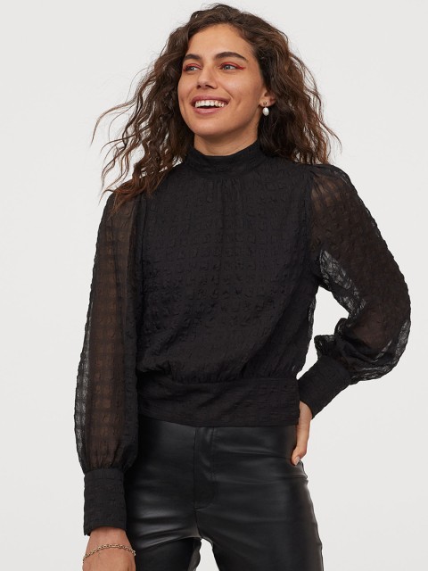 

H&M Women Black Self-Design Tie-Hem Blouse
