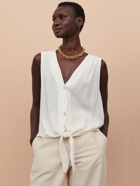 

H&M Women White Solid Crinkled Tie-Hem Blouse